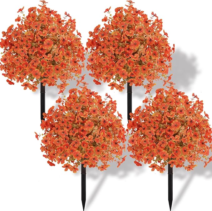 Set of 4 Artificial Fall Topiary Ball Flowers for Outdoor Decoration with Spike 20", UV Resistant Fake Autumn Floral Shrubs, Realistic Faux Bushes Plants for Garden,Yard,Porch and Patio Decor-Ruum Studio Home