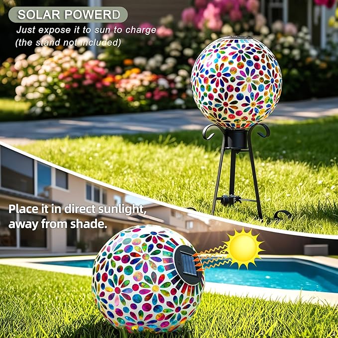 VOREEN 10" Mosaic Glass Gazing Ball with Solar Light, Outdoor Solar Gazing Globe, Handmade IP44 Waterproof Garden Decor Sphere for Patio Yard, Ideal Gift for Mom Wife Friend, Colorful Daisy Design-Ruum Studio Home