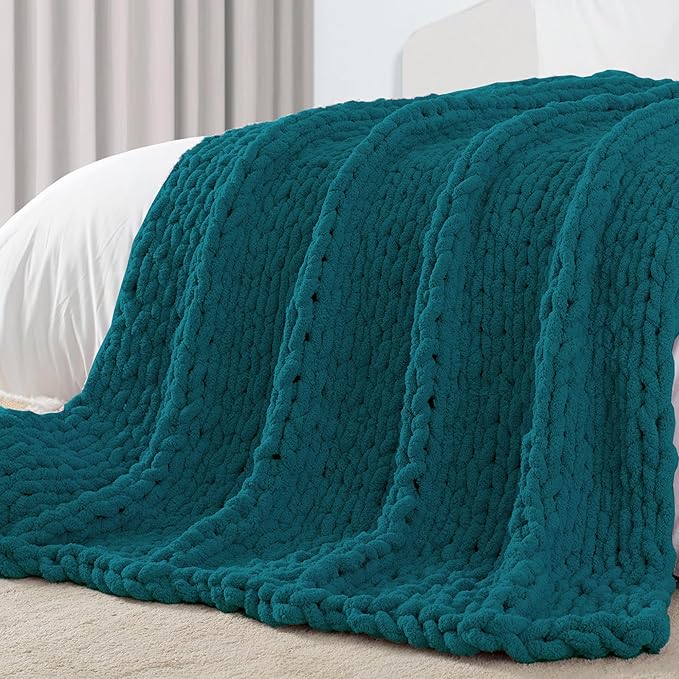 Carriediosa Chunky Knit Throw Blanket 50" X 60", 100% Hand Made Large Chenille Loop Yarn Soft Fluffy Throws for Couch Sofa Bed, Big Crochet Cozy Heavy Thick Cable Woven Blankets, Teal-Ruum Studio Home
