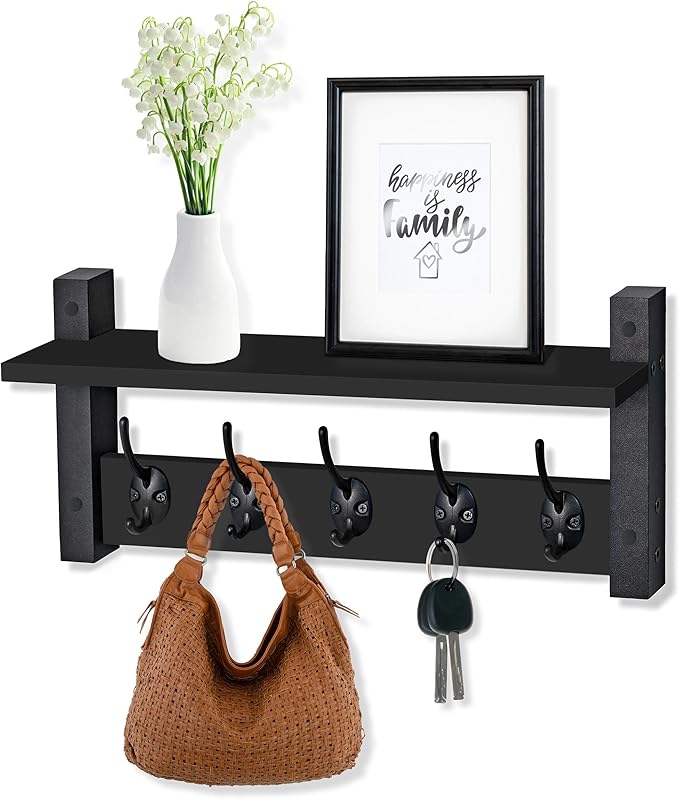 Sorbus Coat Hooks Wall Mount with Shelf – 16 Inch Coat Rack Wall Mount with 5 Heavy Duty Hooks – Floating Wall Shelf with Hooks for Entryway, Bathroom, Bedroom, Kitchen, or Mudroom (Black)-Ruum Studio Home
