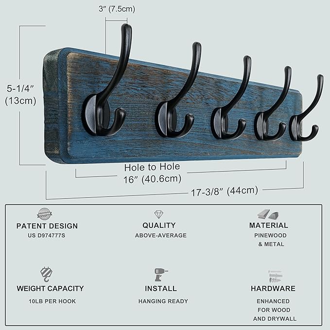 Dseap Coat Rack Wall: Patented, Heavy-Duty, 5-Double-Hooks Wooden Wall Mounted Coat Rack Coat Hanger Hook Rail for Winter Coats Hat Jacket Clothing, Weathered Blue-Ruum Studio Home