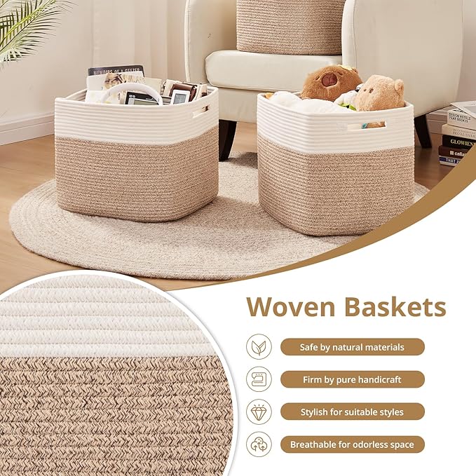OIAHOMY 13 Kallax Inch Cube Storage Bins, 3-Pack Cotton Rope Woven Baskets for Organizing, Kallax Insert Storage Baskets for Shelves, Baby Nursery, Closet Organizer, 15*13*12.6IN, Brown & White-Ruum Studio Home