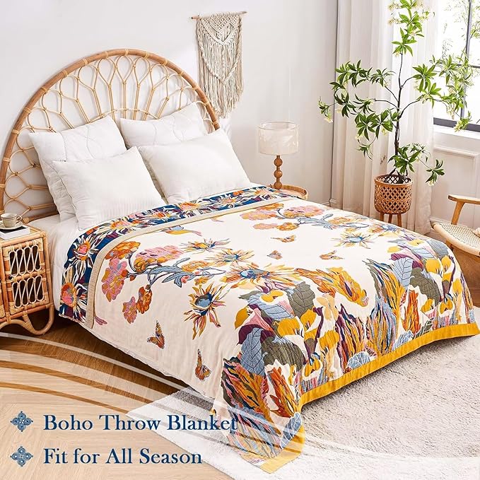 Boho Throw Blanket, 100% Cotton Ultra Soft Luxury Throw Rustic Quilt, 60"x80" Floral Bird Butterfly Farmhouse Decor Bed Blankets, All Season Rustic Reversible Bohemian Throw for Bed - Yellow-Ruum Studio Home