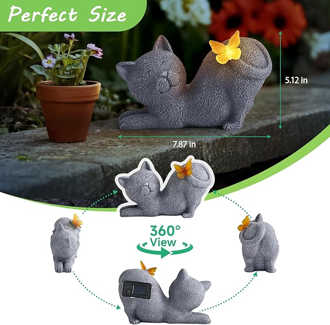 Solar Cat Garden Statue with Glowing Butterfly, Outdoor Resin Cat Figurine with Solar Light, Waterproof Yard Decor for Patio, Lawn, Porch, and Unique Garden Gifts for Cats Lovers-Ruum Studio Home