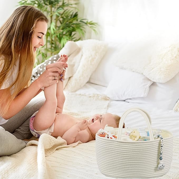 Large Baby Diaper Caddy Organizer for Girl Boy Rope Nursery Storage Bin Basket Portable Holder Tote Bag for Changing Table Car Travel Baby Shower Gifts Newborn Essentials Registry Must Haves White-Ruum Studio Home