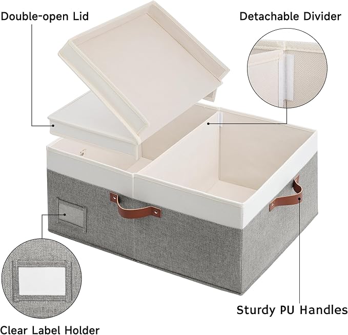 GRANNY SAYS Decorative Storage Boxes with Lid, Large Storage Bins with Double-Open Lid and Divider, Fabric Storage Bins for Clothes, Linen Storage Bins, 63L Closet Storage Bins, White&Gray-Ruum Studio Home