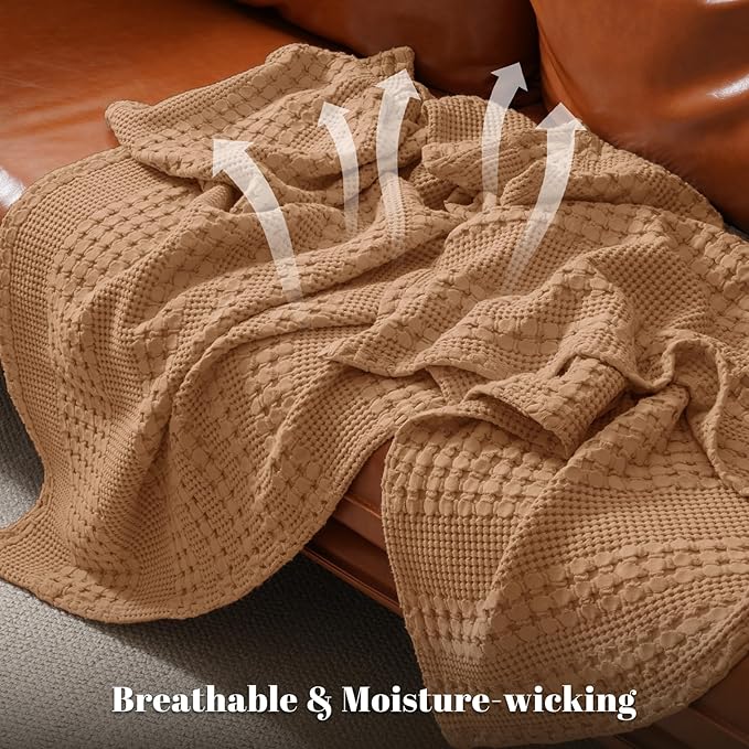 PHF 100% Cotton Waffle Weave Throw Blanket, Soft Lightweight Breathable Cozy Summer Throws for Couch Bed Sofa, Luxury Aesthetic Woven Blanket for Home Decor & Office, 50"x60", Camel-Ruum Studio Home