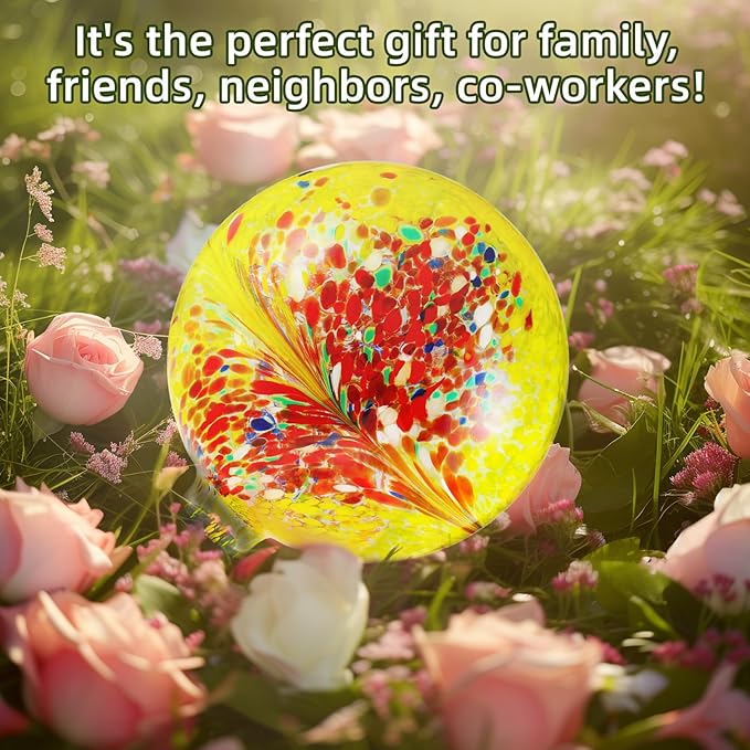VOREEN 10-Inch Glass Gazing Ball, Outdoor Gazing Globe, Reflective Ball Yard Decoration for Homes, Patio, Lawn and Gardens, Gift for Mom Wife Friend, Phoenix Tail Design, Yellow-Ruum Studio Home