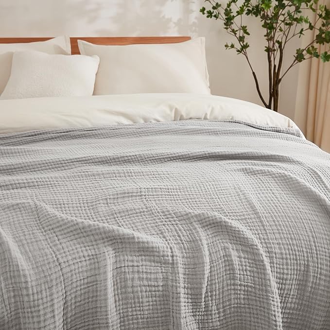 EMME Cotton Blanket Twin XL for Bed Soft Muslin Blankets 66"x90" Lightweight Breathable Layering Bedspread Coverlet All Season Gauze, Light Grey-Ruum Studio Home