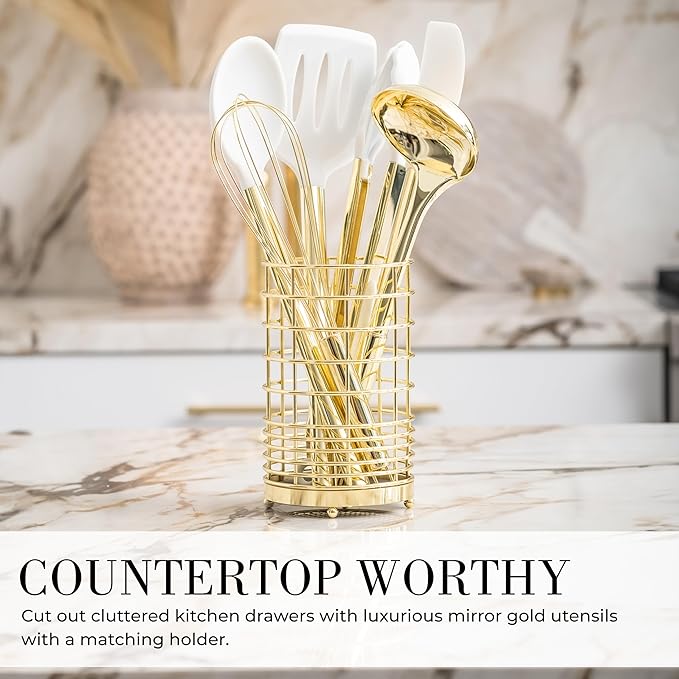 White Silicone and Gold Cooking Utensils Set with Gold Utensil Holder - 7-Piece Silicone Cooking Tools - Ideal for Nonstick Cookware and Stylish Modern Kitchens - Luxury Kitchen Accessories-Ruum Studio Home