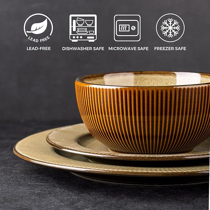 GBHOME Ceramic Dinnerware Sets,12 pcs Embossed Elegant Stoneware Plates and Bowls Sets, Housewarming Wedding Gift | Dishwasher & Microwave Safe | Dishes Set Service for 4-Ruum Studio Home