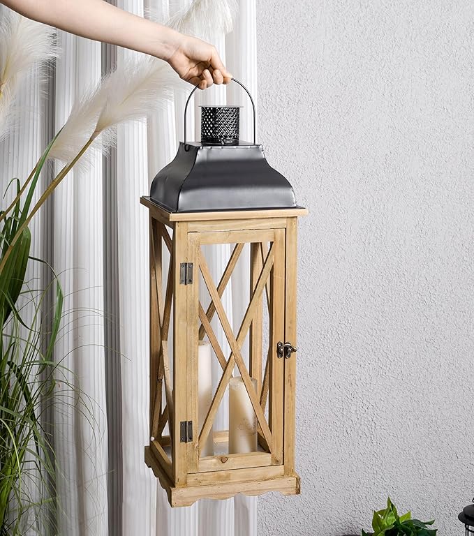 Farmhouse Wooden Metal Candle Lantern Set of 2, Rustic Large Decorative Floor Lanterns, Indoor/Outdoor Hurricane Lantern for Home Decor (No Glass)-Ruum Studio Home