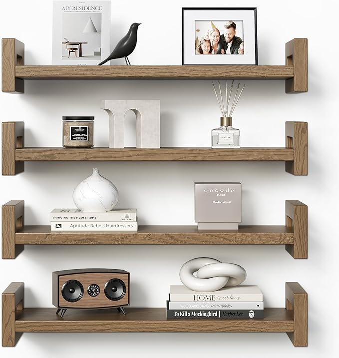 Vailando Floating Shelves for Wall, Set of 4 Solid Wood Wall Mounted Shelves, 16" Rustic Walnut Display Shelf for Bedroom, Living Room, Bathroom, Kitchen – Strong Load Capacity & Natural Pine-Ruum Studio Home