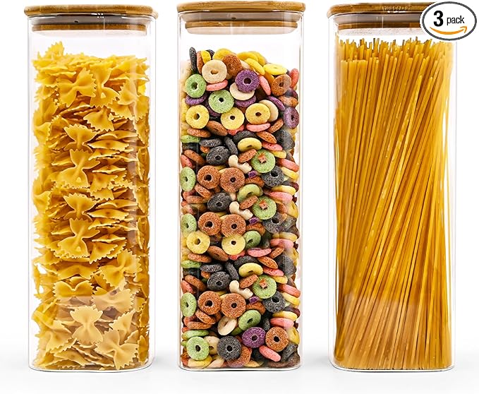 Glass Pasta Storage Jars Square 73oz, 3 Pack Glass Jars With Bamboo Lids, Tall Kitchen Storage Containers For Pasta, Storage For Pantry Organizers-Ruum Studio Home