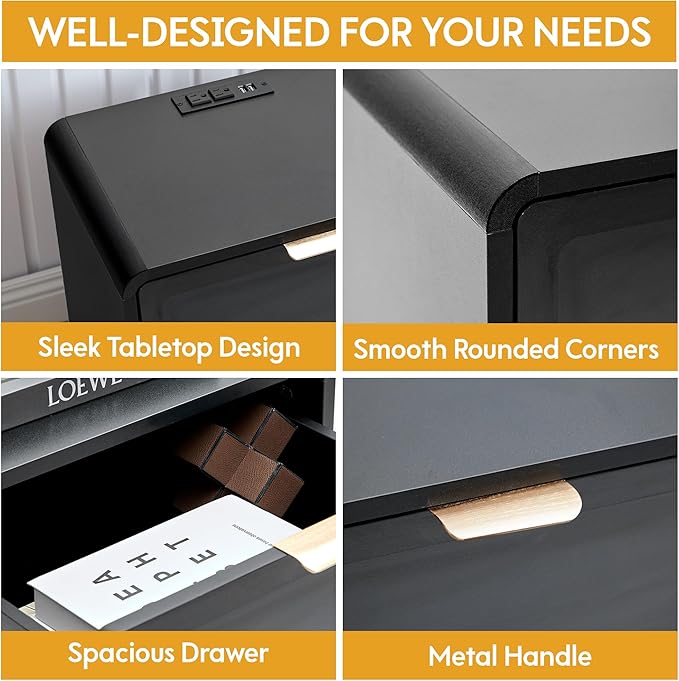 LEVNARY Nightstand with Charging Station, Mid-Century Modern Bedside Table with Curved Top Corners and Storage Drawer, Wooden End Table for Farmhouse Bedroom Living Room (1, Black)-Ruum Studio Home