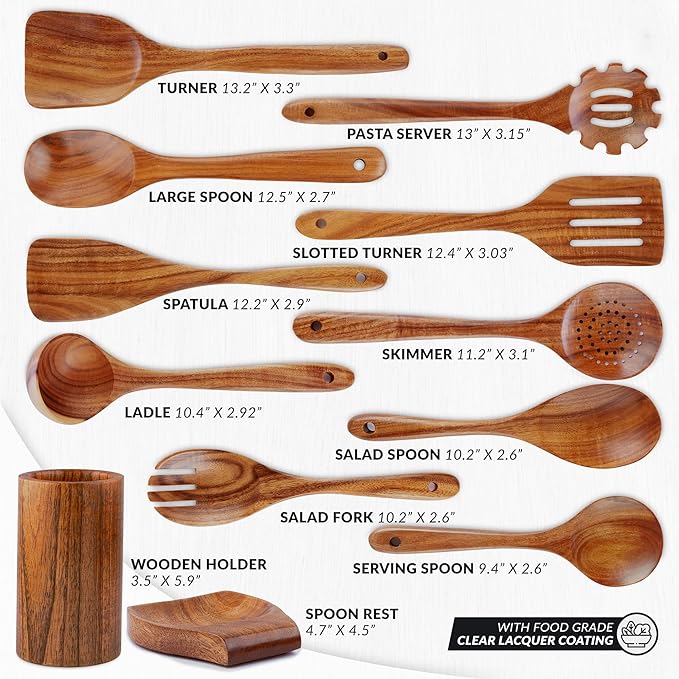 Zulay Kitchen 12-Piece Teak Wooden Utensils for Cooking - Natural Teak Utensil Set with Premium Gift Box - Non-Stick Wooden Spoons for Cooking - Kitchen Gift Set - Comfortable Grip Wooden Utensil Set-Ruum Studio Home