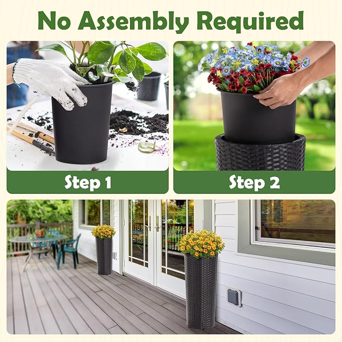 IDZO All Weather Wicker Planters for Outdoor Plants Set of 2, 24 inch Tall Black Planter for Front Porch, Patio, Balcony, Indoor Usage - Round Rattan Flower Pots-Ruum Studio Home