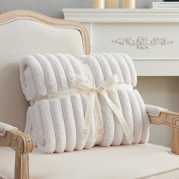 Amélie Home Faux Fur Throw Blanket for Couch, Cozy Fuzzy Fluffy Fur Luxurious Soft Striped Plush Gift Blankets for Family Sofa Chair Bed Living Room Bedroom, 60"x80", Ivory-Ruum Studio Home