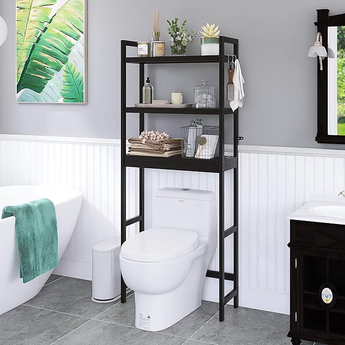 SMIBUY Bathroom Storage Shelf, Bamboo Over-The-Toilet Organizer Rack, Freestanding Toilet Space Saver with 3-Tier Adjustable Shelves (Black)-Ruum Studio Home