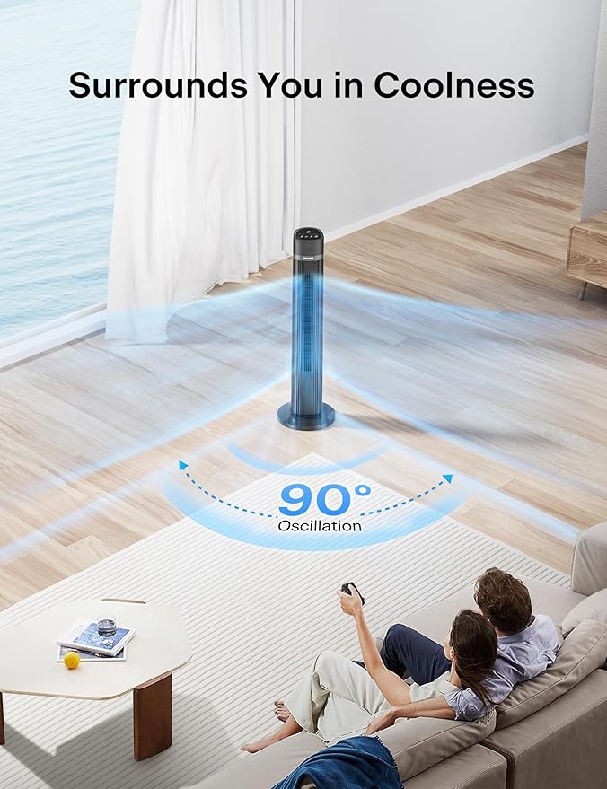 PELONIS 40 inch Bladeless Tower Fan for Bedroom, Standing Fan with Remote Control, 26ft/s, 90° Oscillation, 3 Speed Settings, 27 Db, 3 Modes, 15-Hour Timer, LED Display, Fan that Blows Cold Air, Grey-Ruum Studio Home