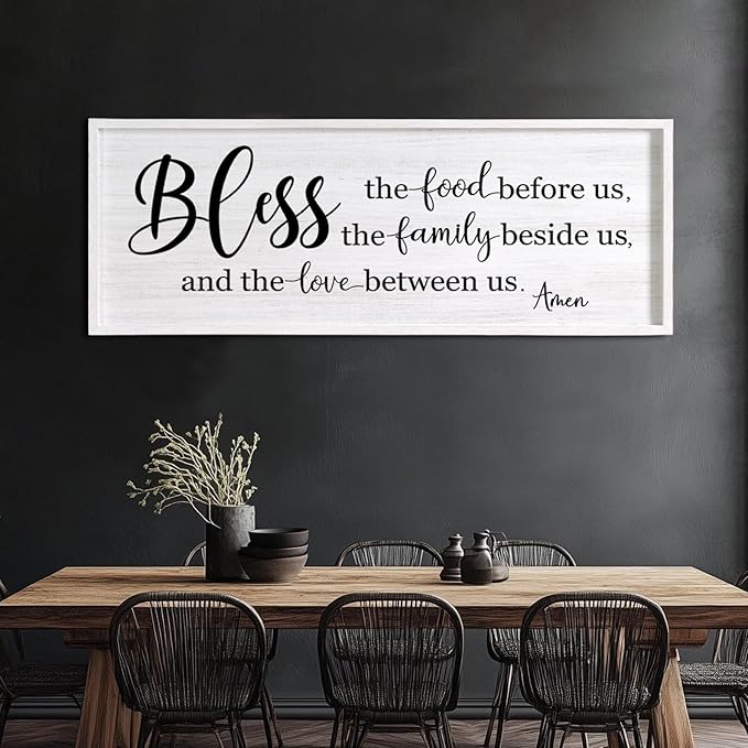 Bless the Food Before Us, the Family Beside Us, and the Love between us Framed Wall Art for Dining Room, 40''×15'' Holy Positive Religious Rustic Bible Verse for Christian God Jesus Christ Prayer-Ruum Studio Home