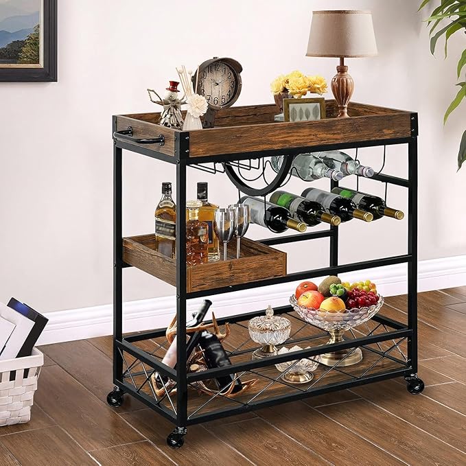 Vintage Bar Cart with Removable Tray and Wheels, Mobile Home Bar Serving Cart with Wine Rack, Glass Holder and Storage Shelves, 3-Tier Rolling Beverage Cart for Home or Patio-Ruum Studio Home