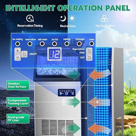 Commercial Ice Maker Machine 130Lbs/24H with 30Lbs Ice Capacity, 45Pcs Clear Ice Cubes Ready in 8-15Mins, Stainless Steel Under Counter Freestanding Large Ice Machine, 2 Water Inlet Modes-Ruum Studio Home
