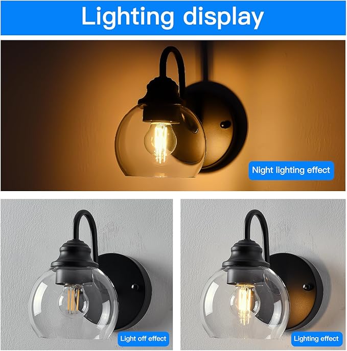 Farmhouse Gooseneck Wall Sconces Set of Two, Bathroom Vintage Black Vanity Light, Rustic Indoor Wall Light Fixtures with Clear Glass for Bathroom Beside Mirror Living Room Hallway-Ruum Studio Home