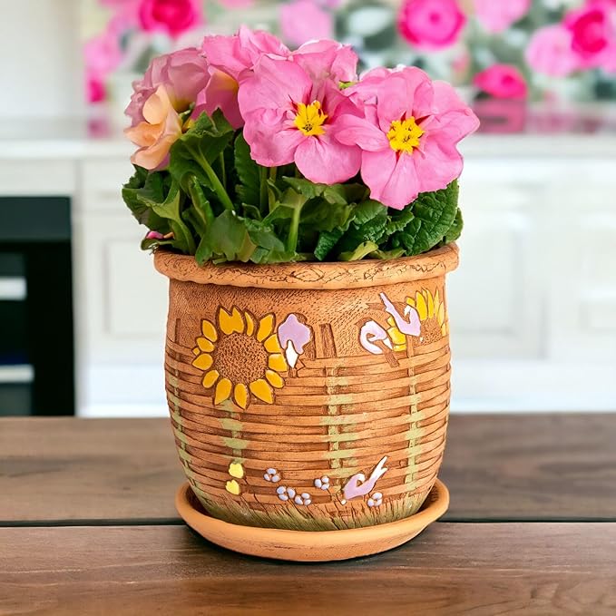 Ceramic Pot with Drainage Hole and Saucer, Plant Pots, Modern Decorative Planters for House Plants Indoor Flowers Plants, Cute Flower Pot - Gifts (Wicker (1.6 L))-Ruum Studio Home