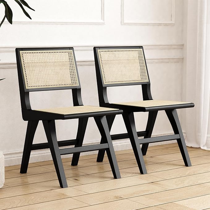 Accent Chair Dining Chairs Set of 2, Solid Wood Frame Boho Rattan Chair, Mid Century Modern Accent Chairs for Living Room Bedroom Dining Room Kitchen(Black)-Ruum Studio Home