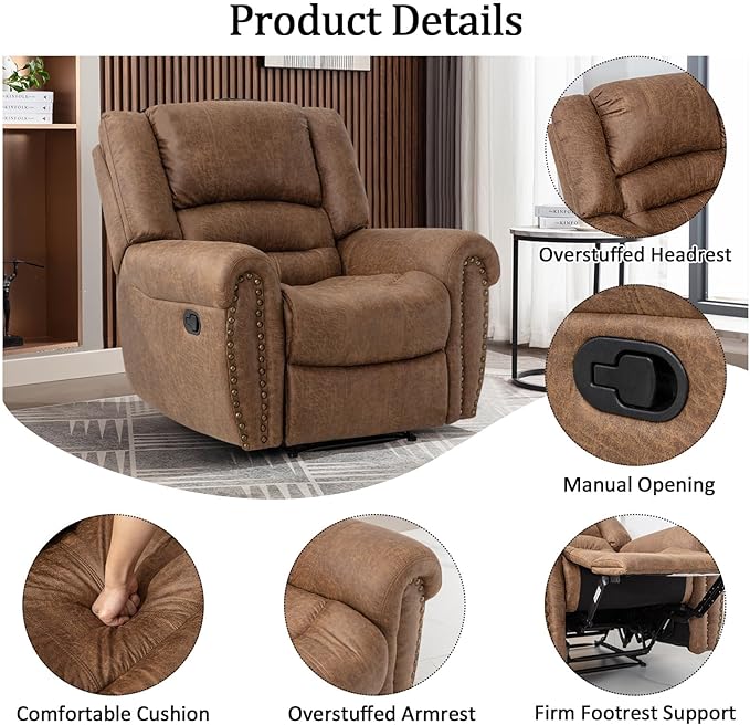 CANMOV Leather Recliner Chair Set of 2, Classic and Traditional Manual Recliner Chair with Comfortable Arms and Back,Manual Single Recliner Sofa for Living Room, Camel-Ruum Studio Home