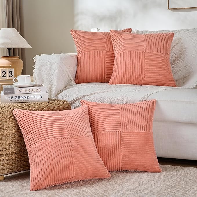 Fancy Homi 2 Packs Coral Samll Decorative Throw Pillow Covers 14x14 Inch with for Couch Bed Sofa, Rustic Farmhouse Boho Home Decor, Soft Corss Patchwork Corduroy Square Peach Cushion Case 35x35 cm-Ruum Studio Home