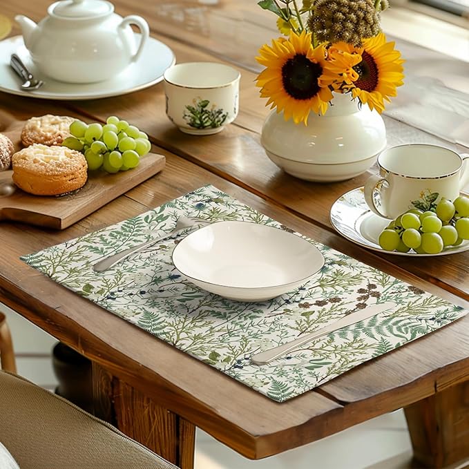 Sage Green Botanical Floral Placemats Set of 4 Vintage Tropical Herbs Fern Leaves Place Mats 12x18 Inch Seasonal Plant Spring Summer Linen Fabric Table Mats for Party Kitchen Dining Decor-Ruum Studio Home
