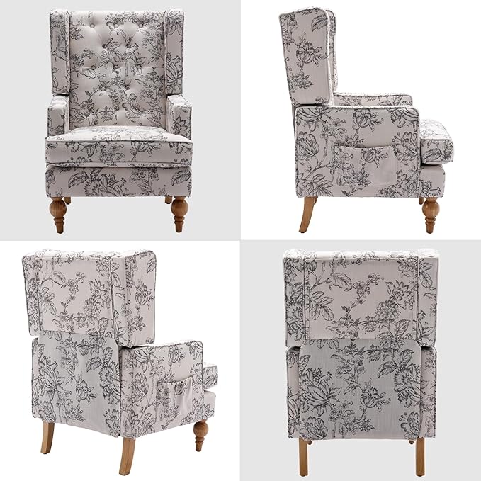 DUOMAY Tufted Accent Chair, Modern Linen Upholstered Wingback Side Arm Chair for Living Room Bedroom with Wood Legs, Comfy Reading Guest Chair for Office, Beige Flower Pattern-Ruum Studio Home