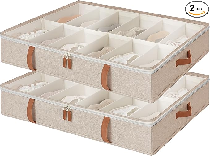 StorageWorks Under Bed Shoe Storage Organizer, Underbed Shoes Container with Adjustable Dividers, Shoe Storage Basket with Cover, Brown, 2-Pack, Space-Saving Shoe Box Fits up to 24 Pairs-Ruum Studio Home