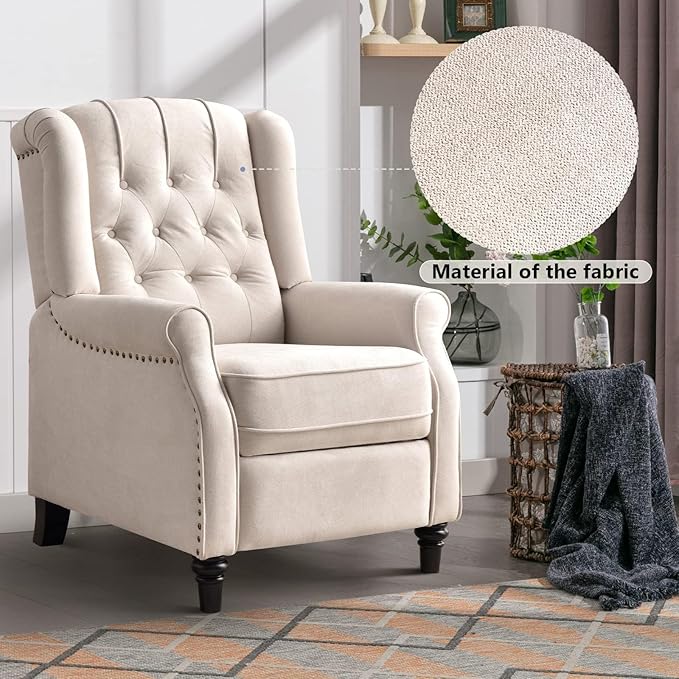 CANMOV Push Back Recliner Chair Set of 2, Elizabeth Fabric Recliner with Tufted Back Home Theater Seating w/Padded Seat and Nailhead Trim, Wooden Legs, Adjustable Single Sofa，White-Ruum Studio Home