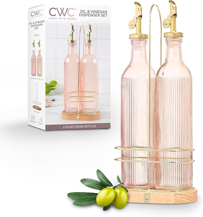 COOK WITH COLOR Glass Olive Oil Dispenser Bottle - 2 Pack, 17 oz Cruet - Elegant Carafe Decanter with Spout for Kitchen, Suitable for Vinegar, Coffee Syrups & Other Liquids-Ruum Studio Home