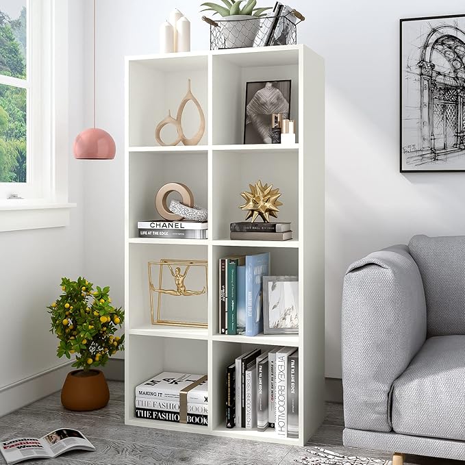 8-Cube Storage Shelf Bookcase - Wooden 4-Tier Floor Standing Open Bookshelf, Modern TV Stand up to 55 Inchs for Home and Office, Warm White-Ruum Studio Home