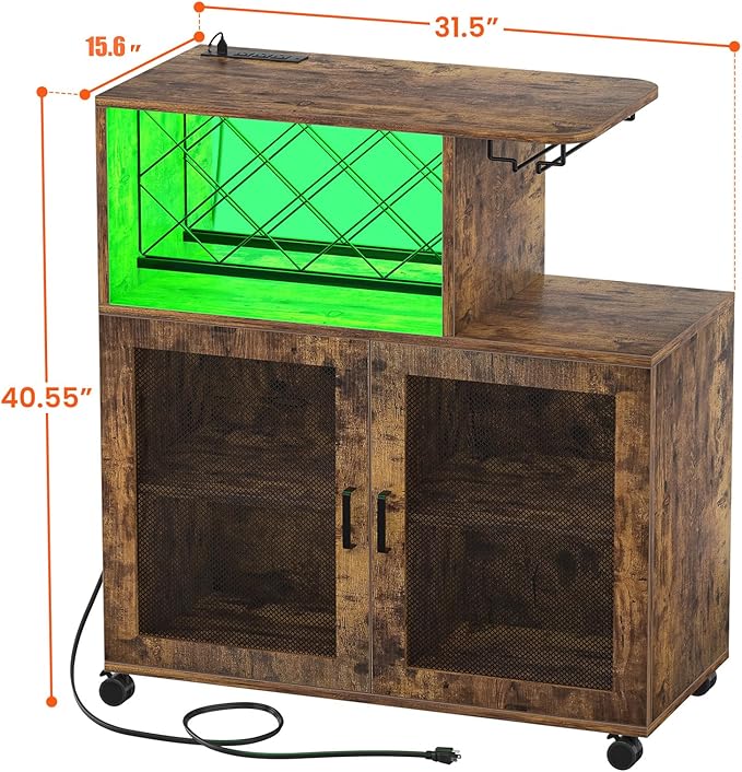 Wine Bar Cabinet with Wheels, Small Liquor Cabinet with LED Light, Home Bar Cart with Power Outlets, Coffee Bar with Wine Rack, Glasses Storage for Kitchen, Dining Room, Living Room, Vintage-Ruum Studio Home