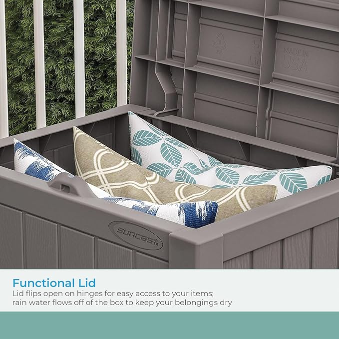 Suncast 22-Gallon Small Deck Box - Lightweight Resin Indoor/Outdoor Storage Container and Seat for Patio Cushions and Gardening Tools - Store Items on Patio, Garage, Yard - Stone Gray, Made in the USA-Ruum Studio Home