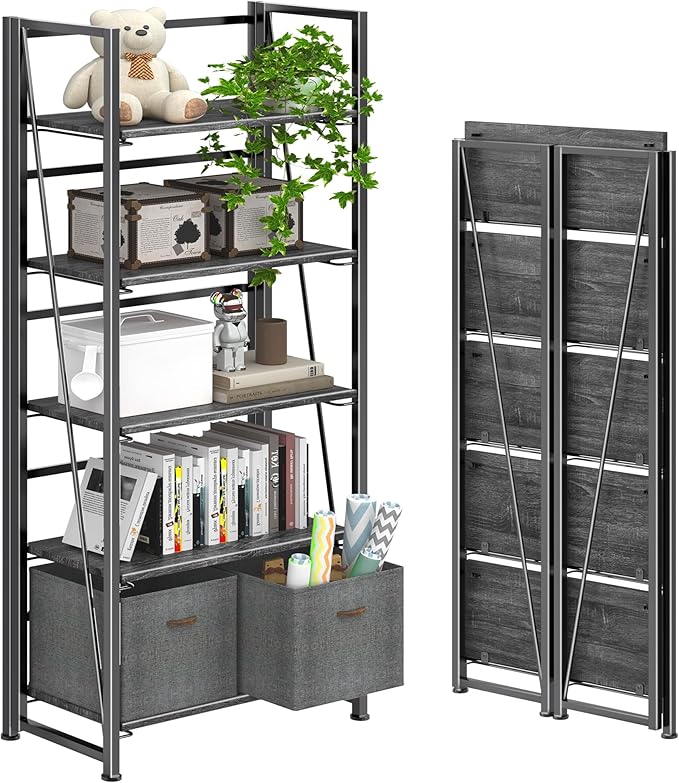 4NM No Assembly Foldable Bookshelf, 5-Shelf Collapsible Bookcase Storage for Small Spaces, 62.2" H, Gray and Black-Ruum Studio Home