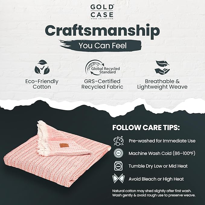 Gold Case Throw Blanket for Couch – 100% Recycled Turkish Cotton Blankets & Throws – Elegant Decorative Throw Blankets for Living Room Sofa – Woven Throws for Couch – Vintage Orange – 50x60-Ruum Studio Home