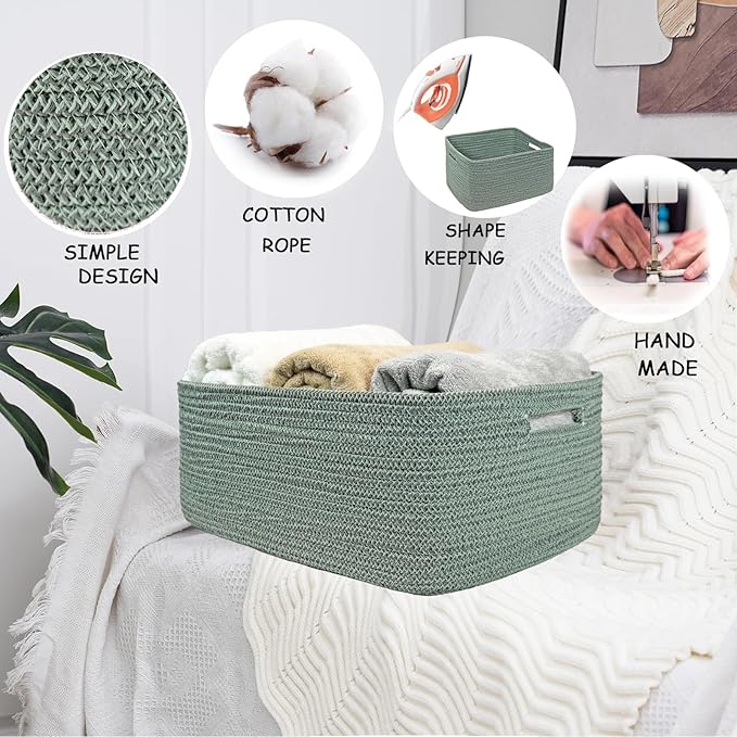 COMFY-HOMI Cotton Rope Woven Basket with Handles for Shelves,Toys,Book, Cloth Storage Baskets for Organizing-17" x 13" x 7.5" Toy Decorative Organizer for Living Room, Bathroom （Green）-Ruum Studio Home