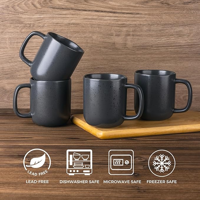 AmorArc 14oz Coffee Mugs Set of 6, Ceramic Coffee Mugs with Large Handle & Wavy Rim for Latte/Hot Cocoa/Tea, Stylish Coffee Cups for Men Women. Oven,Dishwasher&Microwave Safe, Dark Gray-Ruum Studio Home