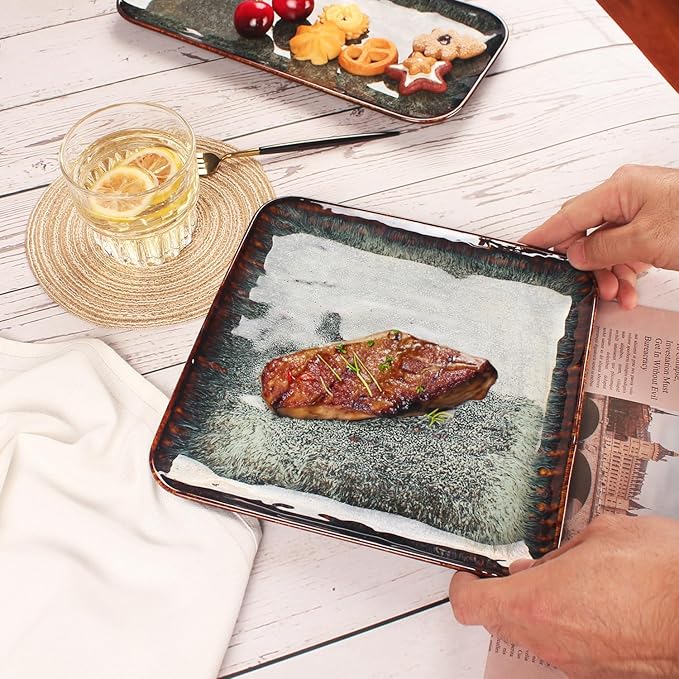 Ceramic Dinner Plates Dish Set, Set of 4, Microwave Oven and Dishwasher Safe, Scratch Resistant, Dinnerware Kitchen Porcelain Serving Dishes 9 inch Square plate-Ruum Studio Home
