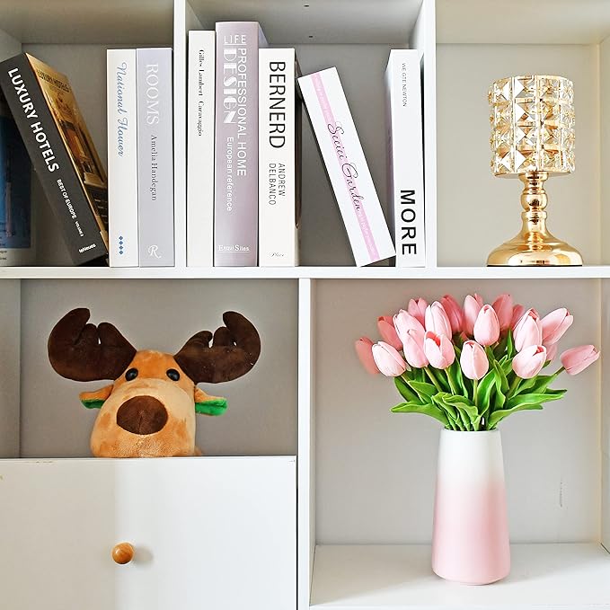 Mandy's Artificial Tulips 28 Stems Light Pink with Gradient Pink Vase PU Faux Flowers for Wedding Home Decor 13.5 Inch-Ruum Studio Home