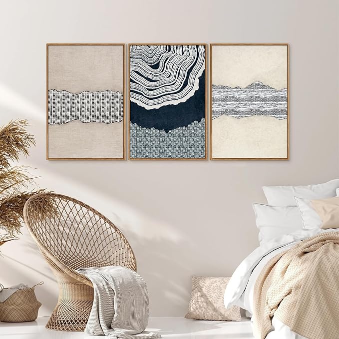 SIGNINART Blue and Beige Framed Canvas Wall Art Set, Neutral Abstract Tree Ring Wall Decor, Minimalist Dots and Line Artwork, Geometric Pattern Art Paintings for Living Room, Bedroom, Office 16"x24"x3-Ruum Studio Home