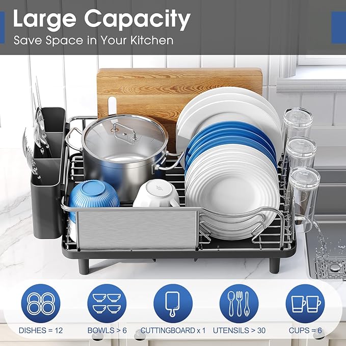 Stainless Steel Dish Drying Rack - Large Capcity 304 Grade Dish Drainer for Kitchen Counter with Drain Board, Utensil Holder & Detachable Cup Shelf, Rustproof Multifunctional Organizer-Ruum Studio Home