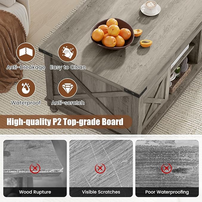 48" Farmhouse Lift Top Coffee Table with Storage Sliding Barn Door & Large Hidden Compartment, Coffee Table with Lifting Top with Wooden Lift Tabletop, Coffee Tables for Living Room, Grey-Ruum Studio Home