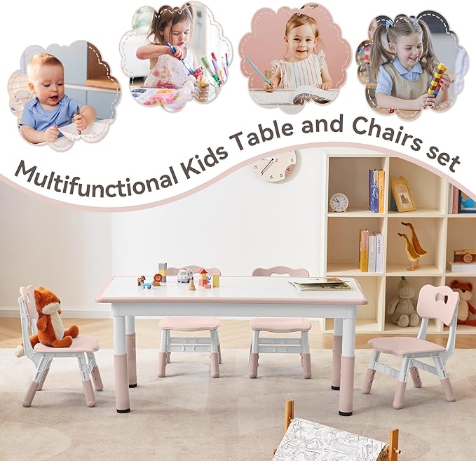 Kids Study Table and Chairs Set, Height Adjustable Toddler Table and Chair Set for Kids Ages 3-8, Graffiti Desktop Plastic Children Art Table with 4 Seats, Lovely Pink-Ruum Studio Home